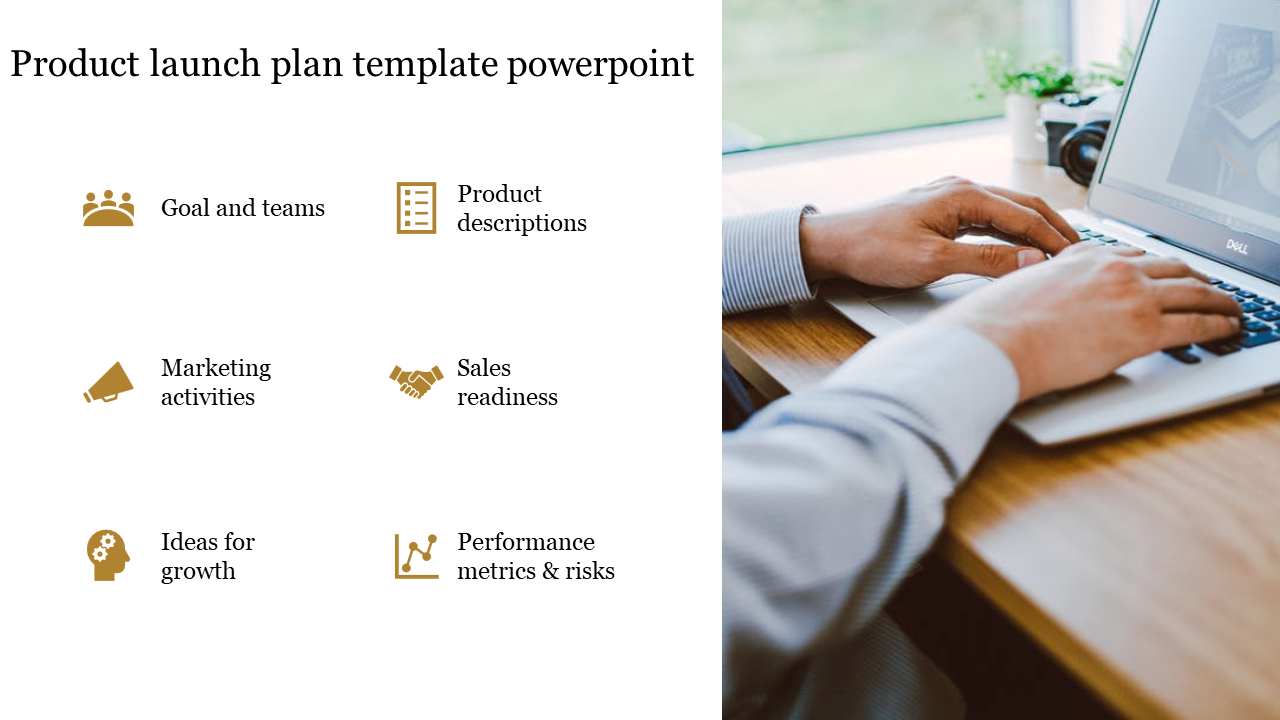 Product launch plan PPT slide showcasing sections like goals and teams to performance metrics and risks with icons.