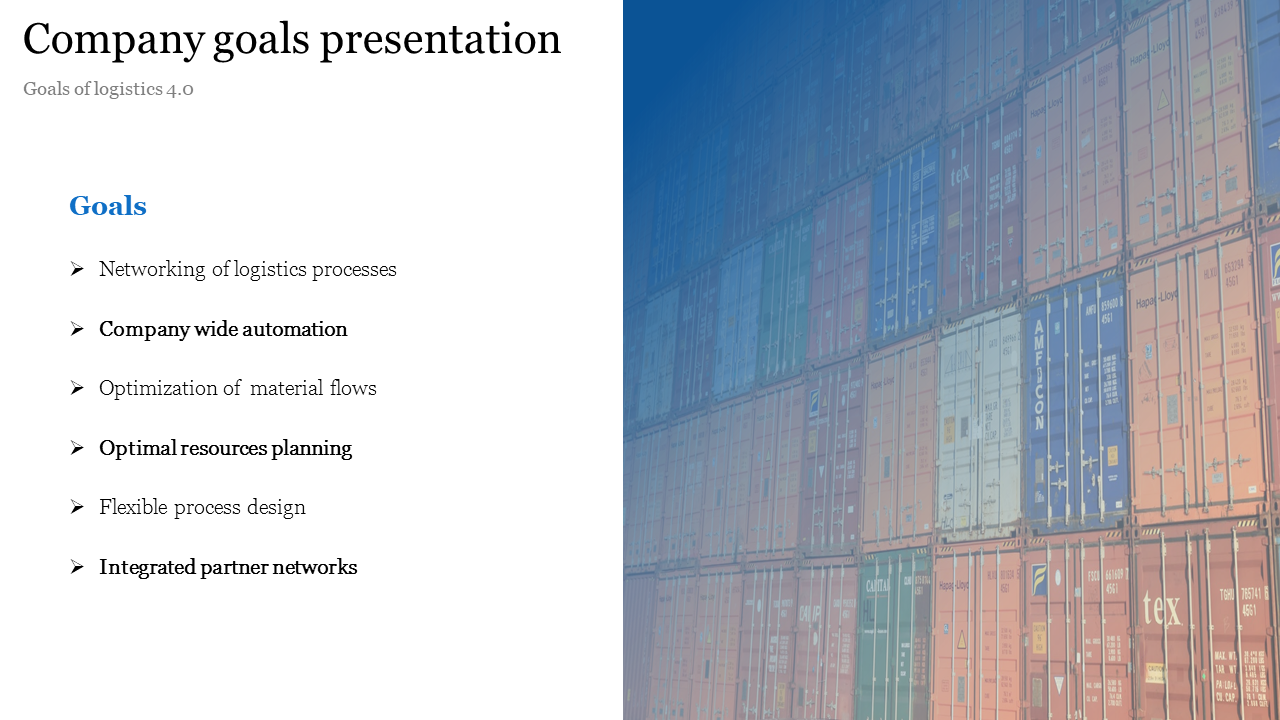Slide featuring bullet points for logistics processes, overlaid on a background of stacked cargo containers.
