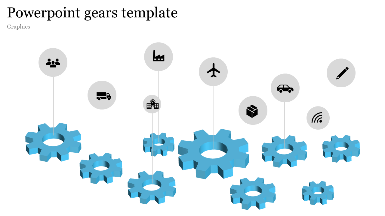 Graphic slide featuring interconnected gears with icons for different sectors, including shipping, transport, and technology.
