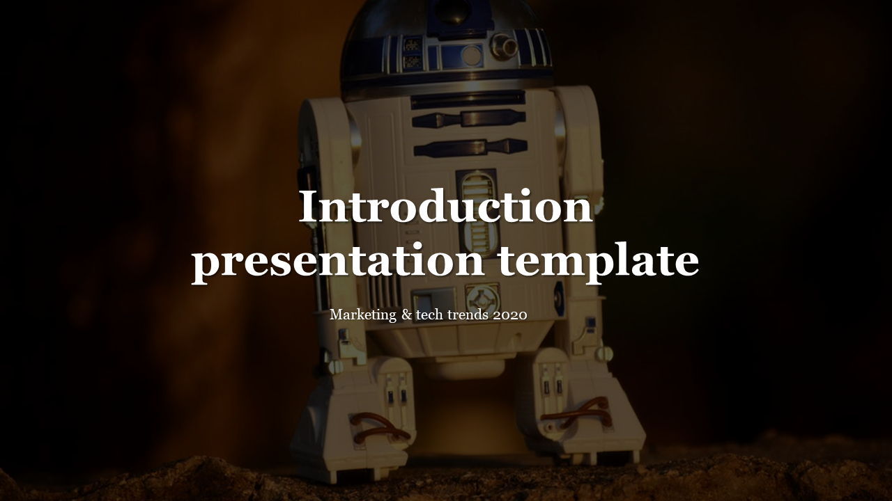 Introduction slide with a miniature robot with smooth cylindrical and boxy elements, against a blurred earthy backdrop.