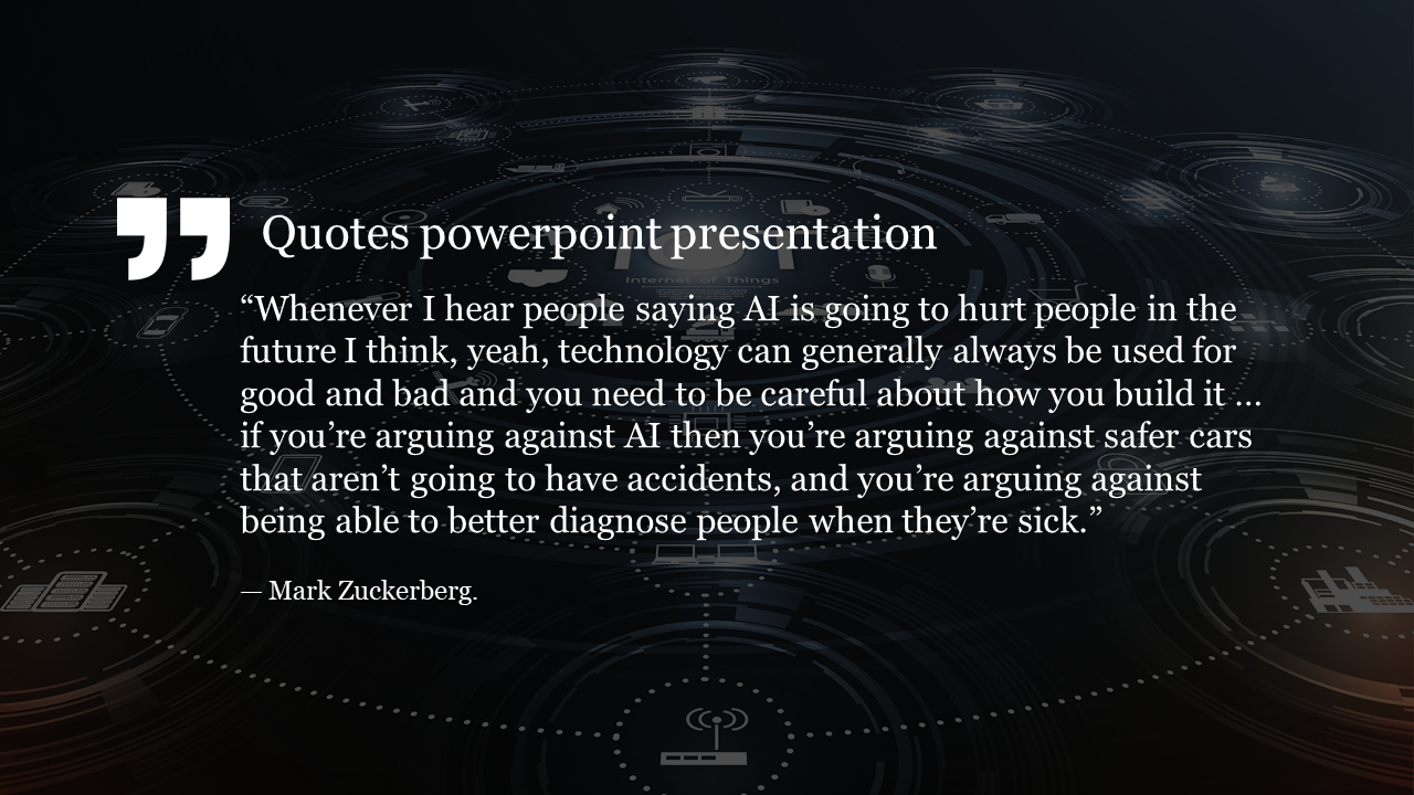Minimalist quote slide with a digital background featuring interconnected icons, quotation marks, and a AI related quote.