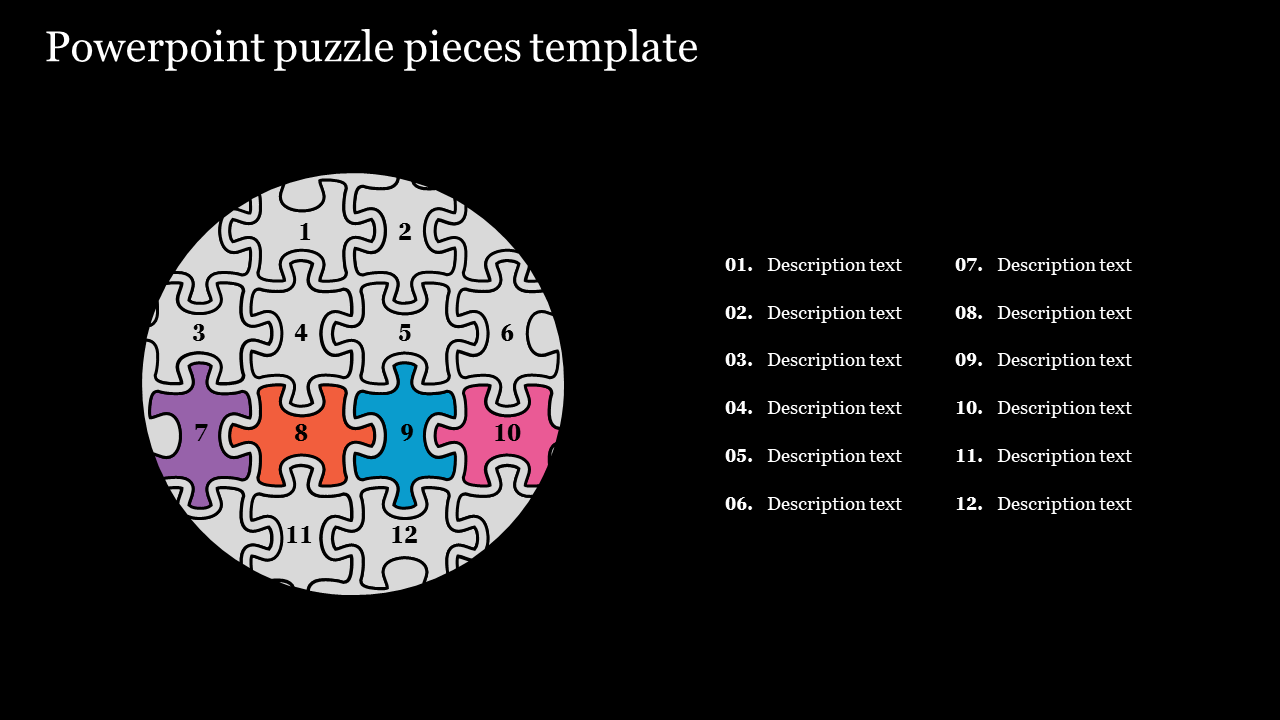 Slide with a circular puzzle made of 12 pieces, each labeled with a number and text, on a dark background.