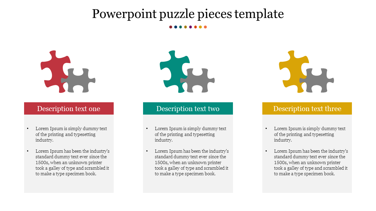 Three pairs of interlocking puzzle pieces in red, green, and yellow, each above a text box with placeholder text areas.