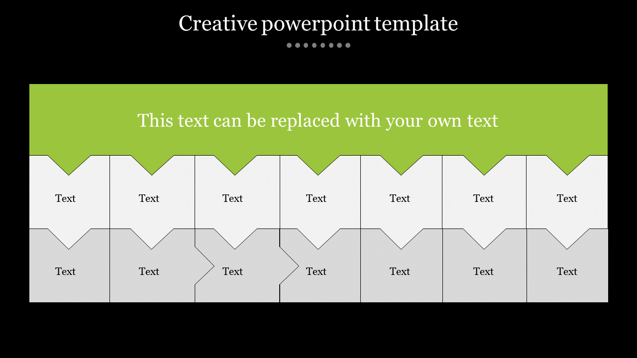 Creative slide design with a green top section and alternating white and gray text boxes below, on a dark background.