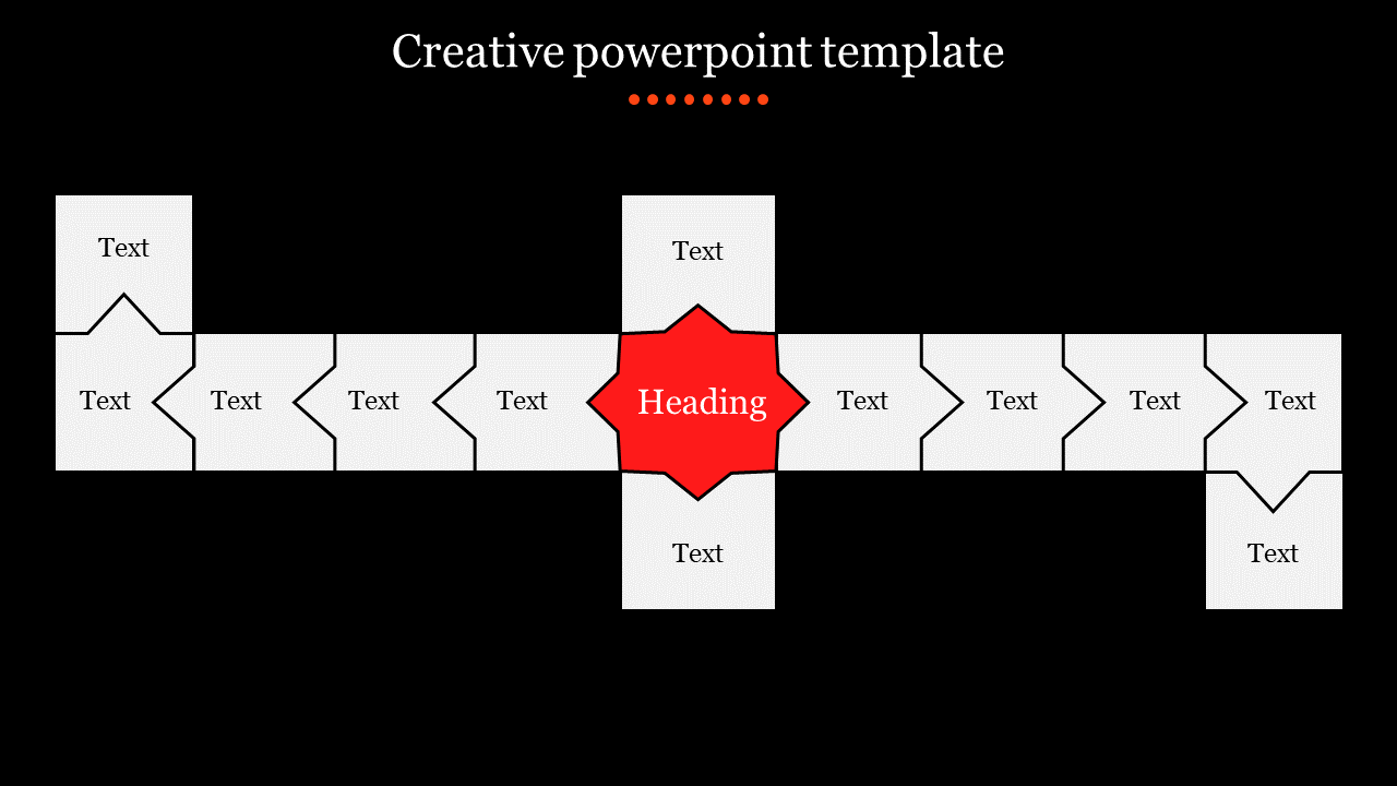 Creative PPT template with a central red heading surrounded by text placeholders in an arrow pattern on a dark backdrop.