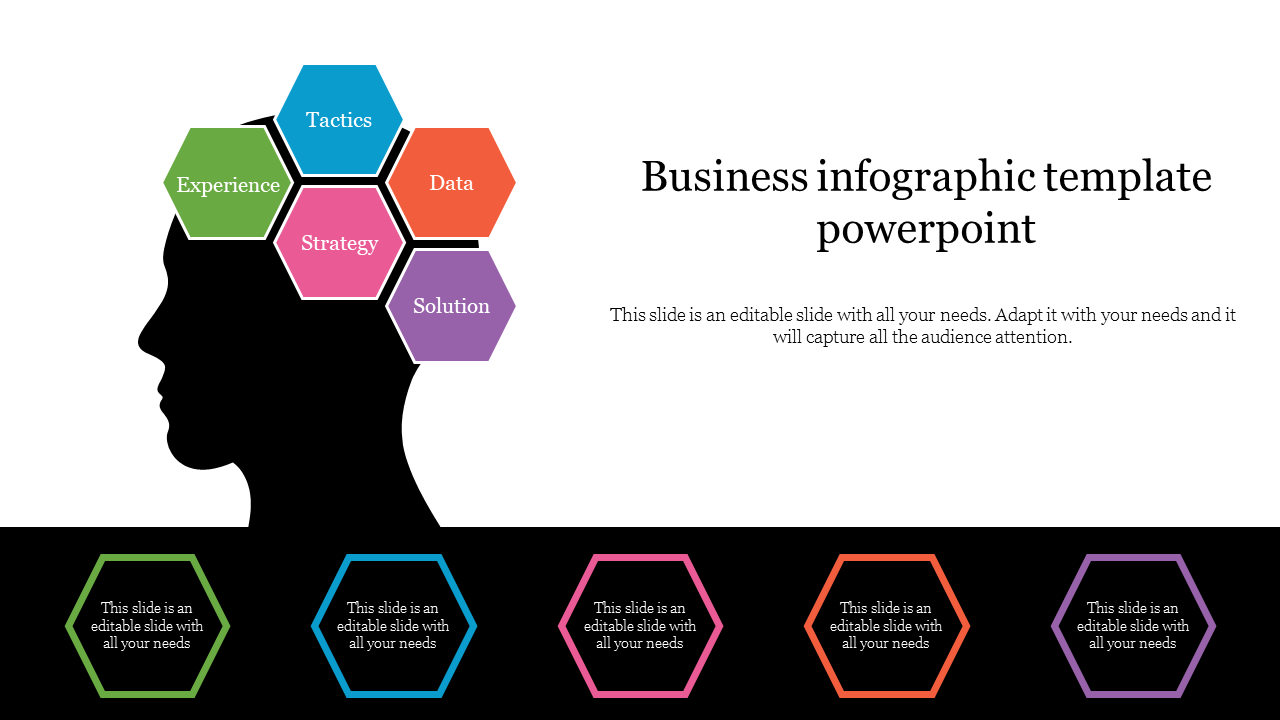 Creative PowerPoint template featuring a silhouetted head with colorful hexagons and placeholder text.