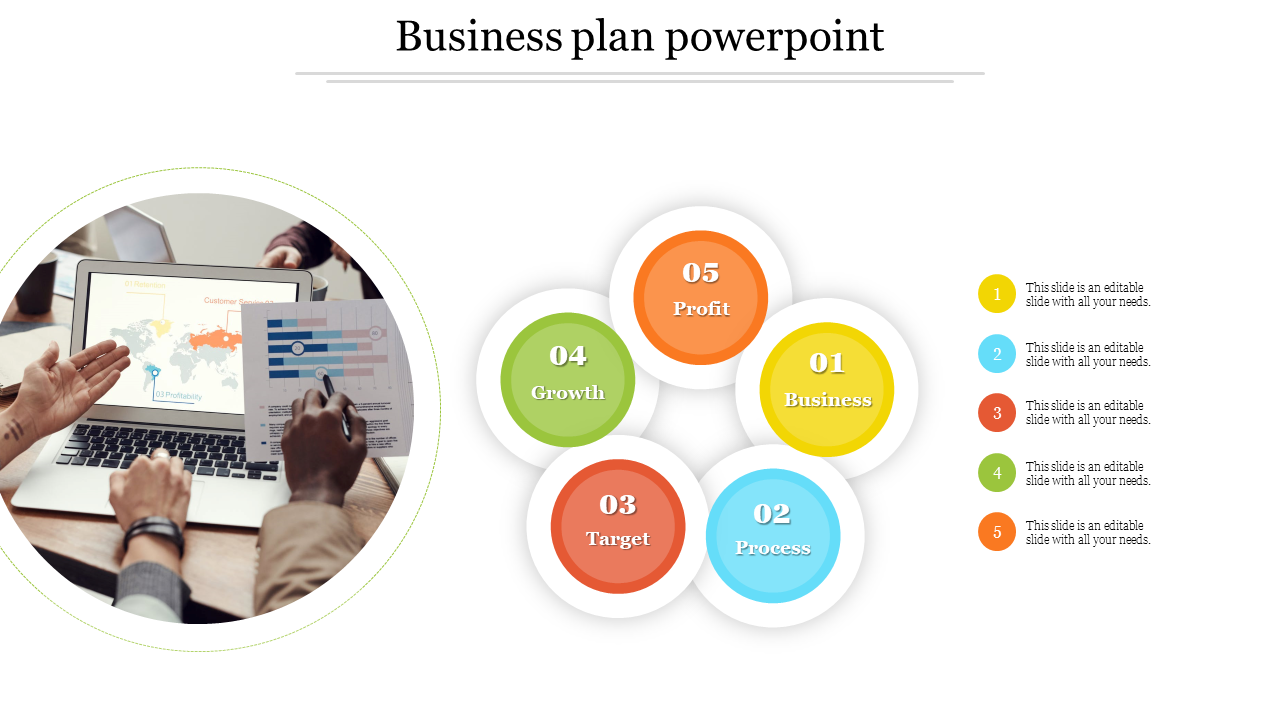 Slide with a circular photo of a team discussing data and five colorful bubbles labeled with business related categories.