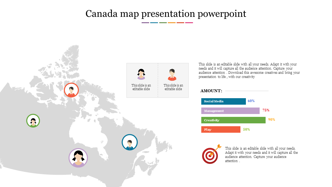 Canada map infographic with four circular profile icons marking locations, a comparison box, and a progress bar chart.