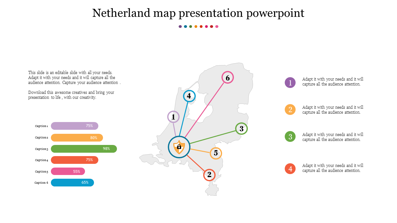Netherlands map infographic with six numbered location markers connected to a central icon and a progress bar chart.