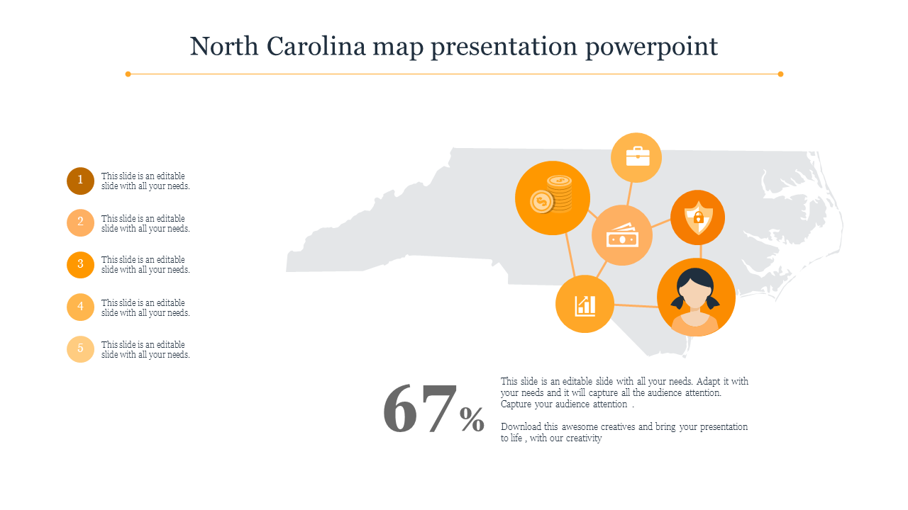 North Carolina business map with interconnected icons for finance, analytics, briefcase, and a user profile on the right.