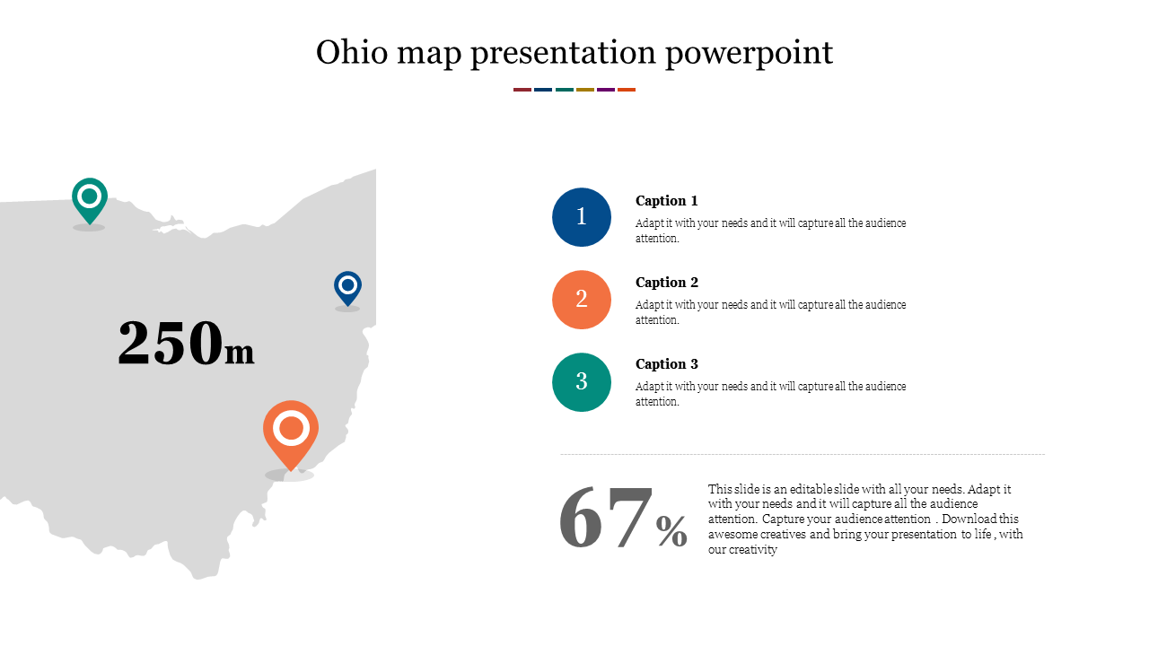 Slide with a map of Ohio featuring three location markers in blue, green, and orange, numbered caption and percentage.