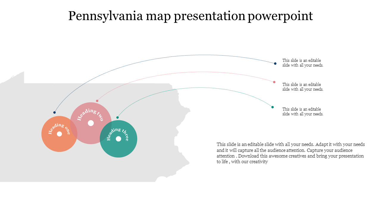 A Pennsylvania map PowerPoint slide with sections marked by circles, each linked to text headings.