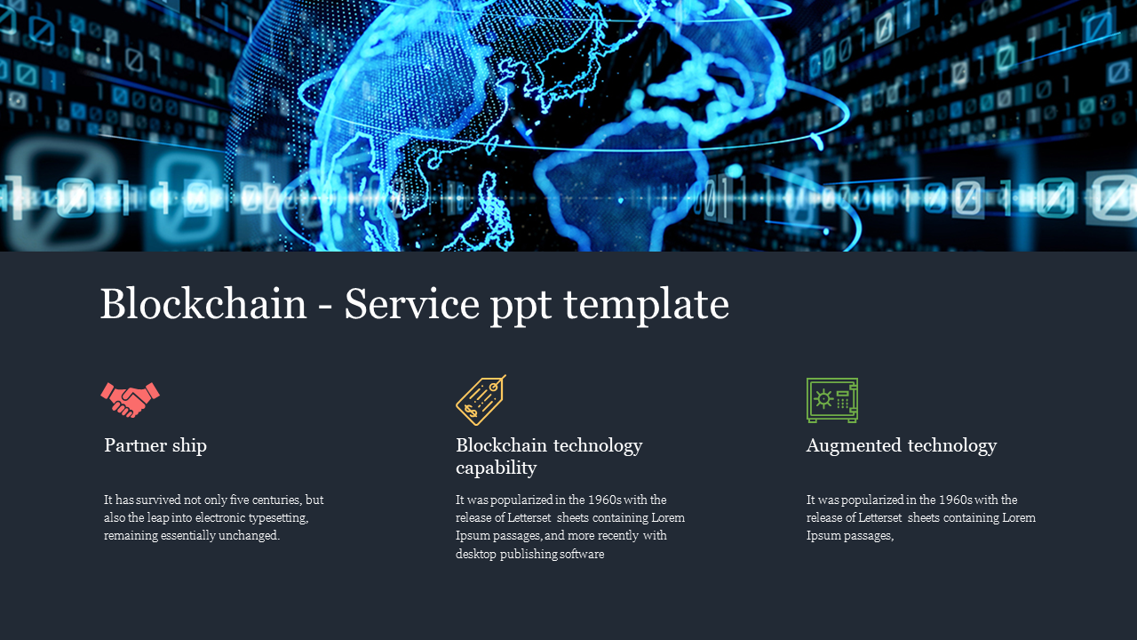Blockchain service PowerPoint slide with partnership, technology capabilities, and augmented technology sections with icons.