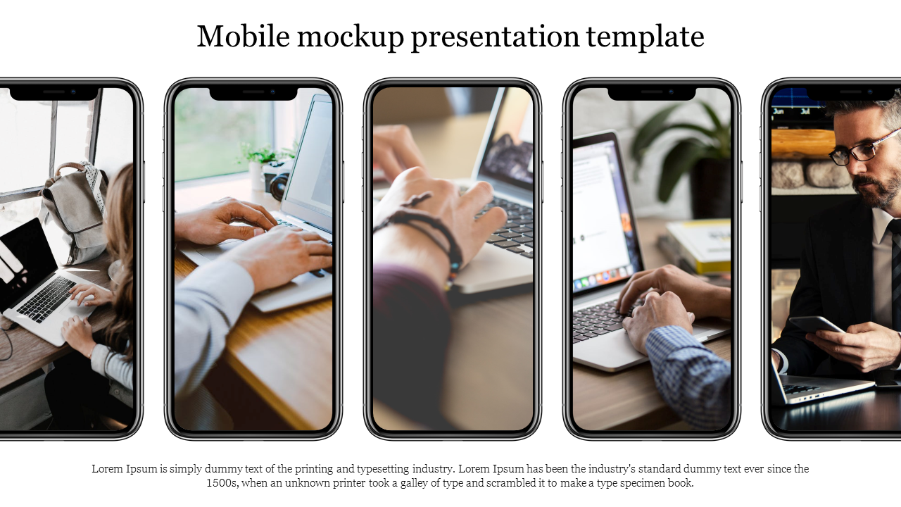 Mobile mockup template with five phone screens displaying different work-related activities and a caption at the bottom.