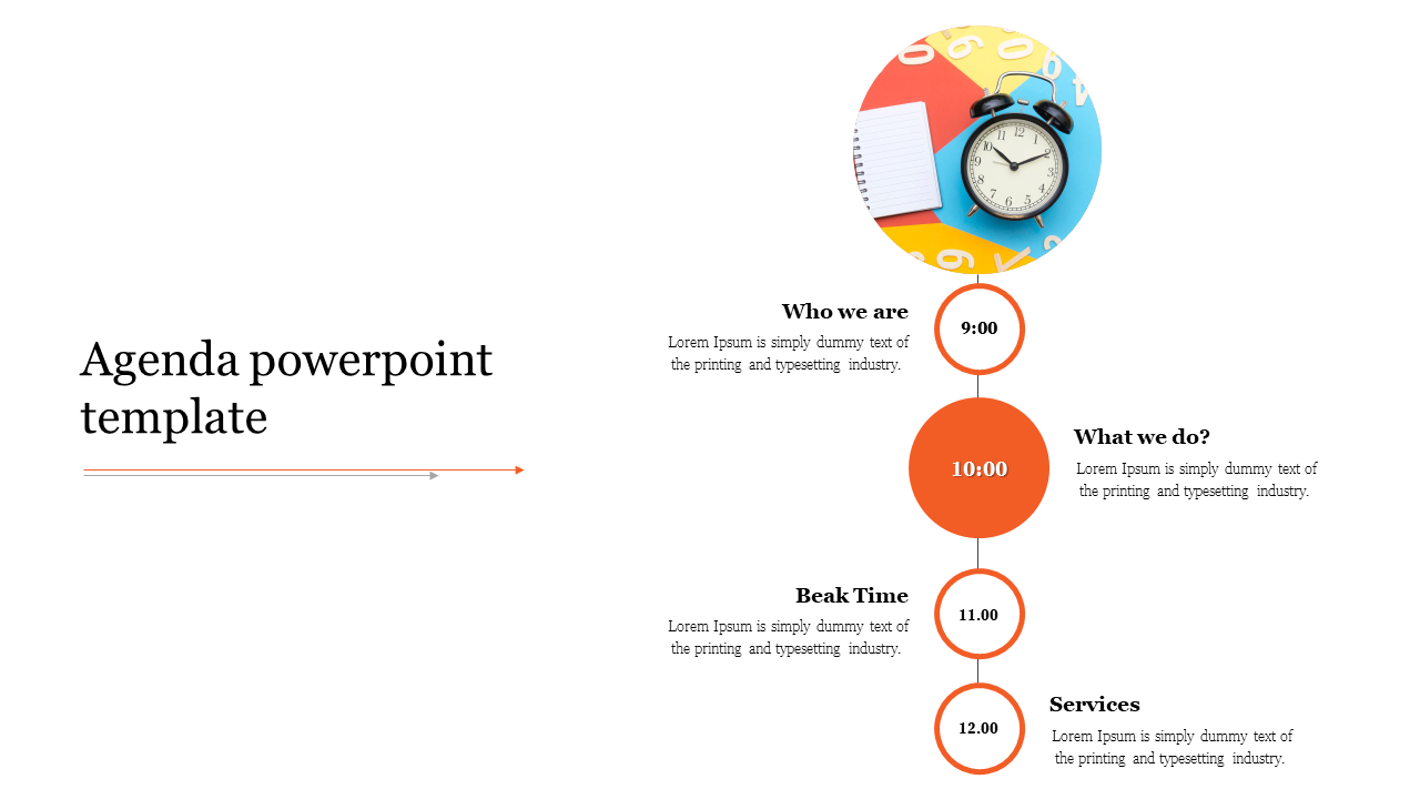 Agenda timeline layout featuring orange circular markers with time slots and a clock image at the top.