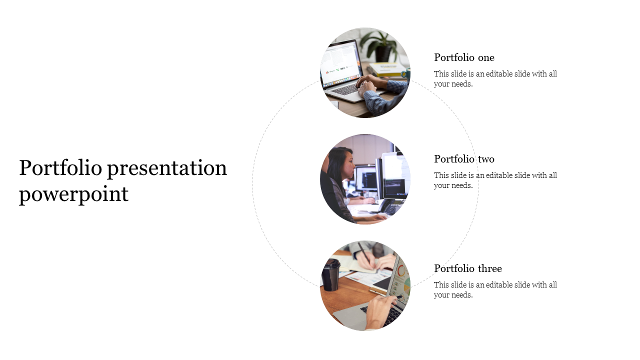 Portfolio slide featuring three circular images connected in a curved layout with corresponding text.