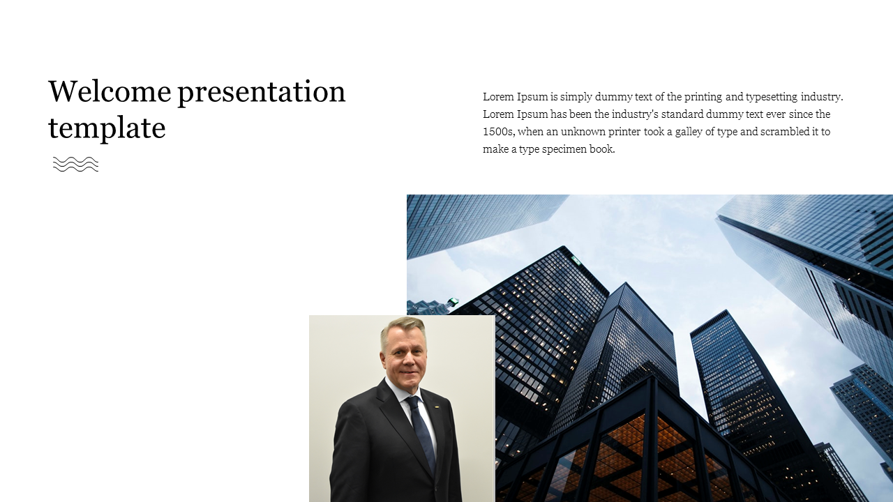 Welcome slide featuring a cityscape of tall glass buildings and a professional portrait of a businessman in a suit. 