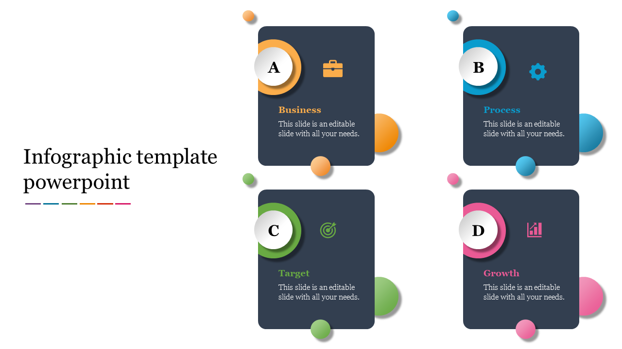 Slide featuring four colorful blue squares with circular elements labeled A to D, in yellow, blue, green, and pink.