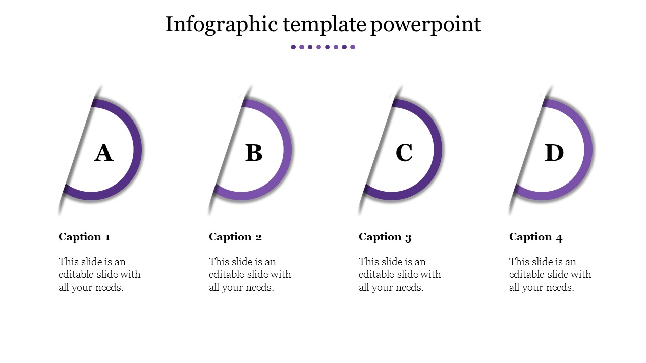 Four tilted purple circles with letters A, B, C, and D, each with a caption and placed on a white background.