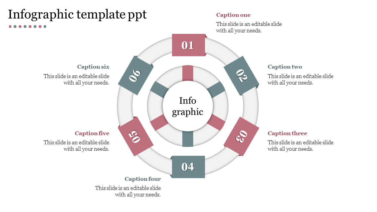 Infographic PowerPoint template with a circular design, featuring six numbered sections and labeled captions.
