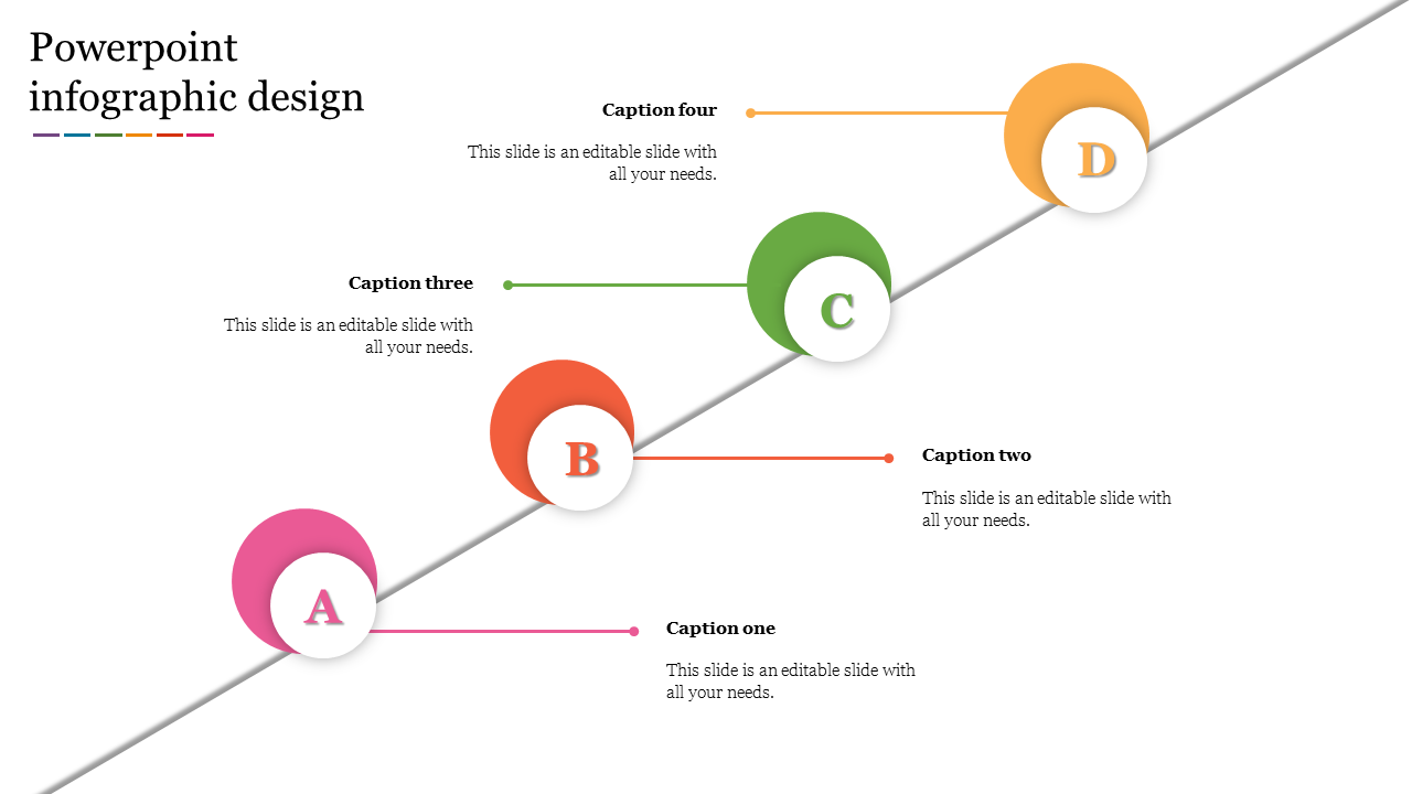 Infographic template with timeline featuring four elements labeled in pink, red, green, and orange with caption areas.