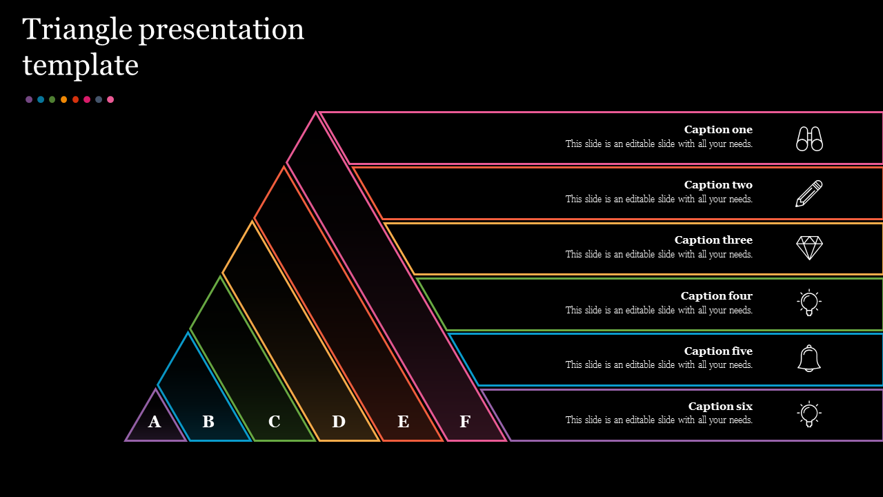 Triangle template with black background featuring sections in rainbow colors, connected to six caption area with white icons.