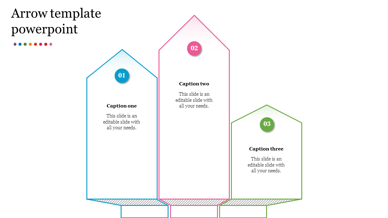 PowerPoint template with three colorful arrows, each featuring a numbered caption and space for text.