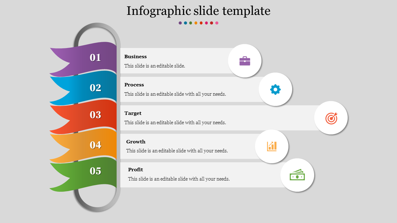Colorful ribbon style infographic with five numbered sections in purple, blue, red, orange, and green, linked to icons.