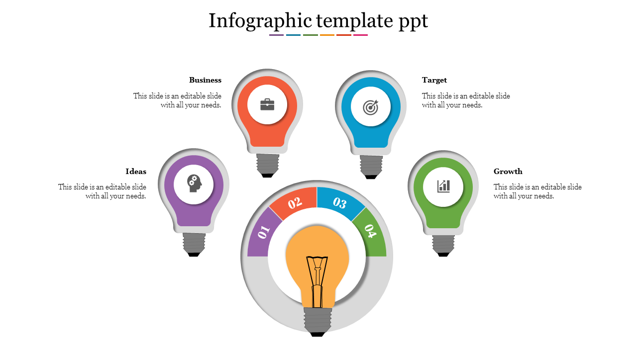 Infographic with five colorful lightbulb icons arranged in a semicircle with a central glowing lightbulb encircled.