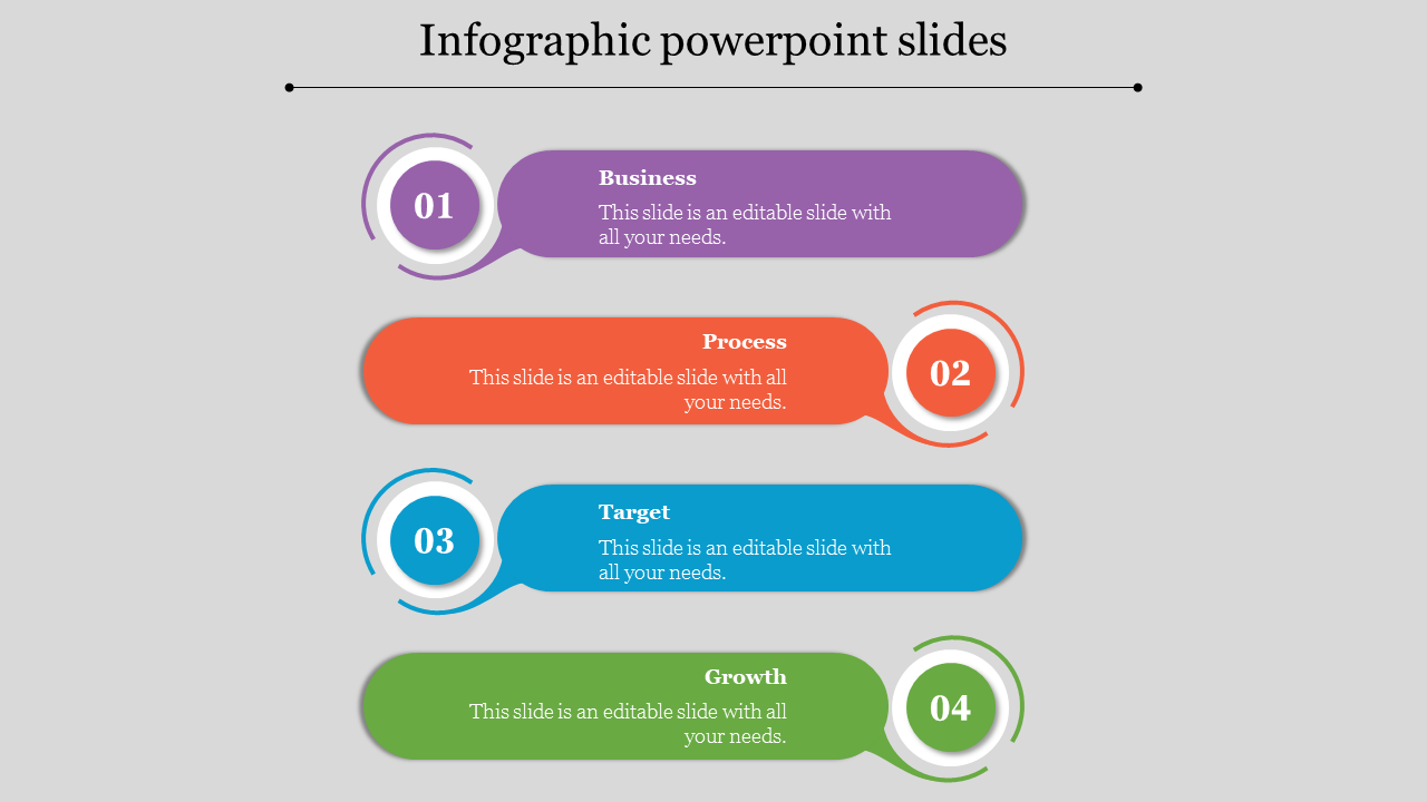 Colorful infographic slide with four numbered steps in purple, red, blue, and green, showing business processes.