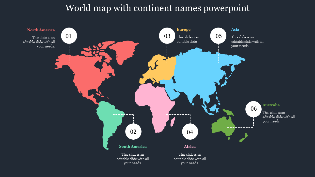 World Map With Continent Names PowerPoint and Google Slides