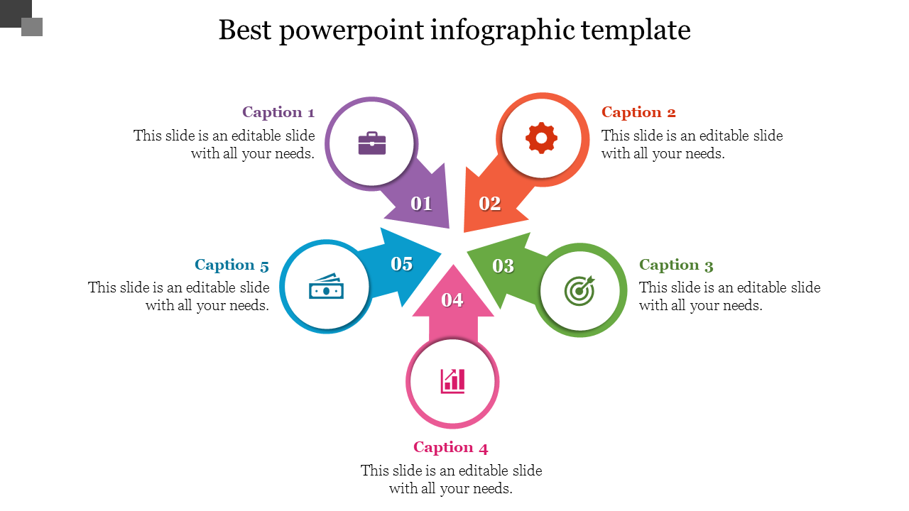 Infographic with five numbered arrows in purple, orange, green, pink, and blue, arranged in a circular pattern.