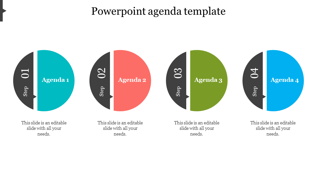 Agenda template with four colored half circle shapes in teal, red, green, and blue, with step numbers and text below.
