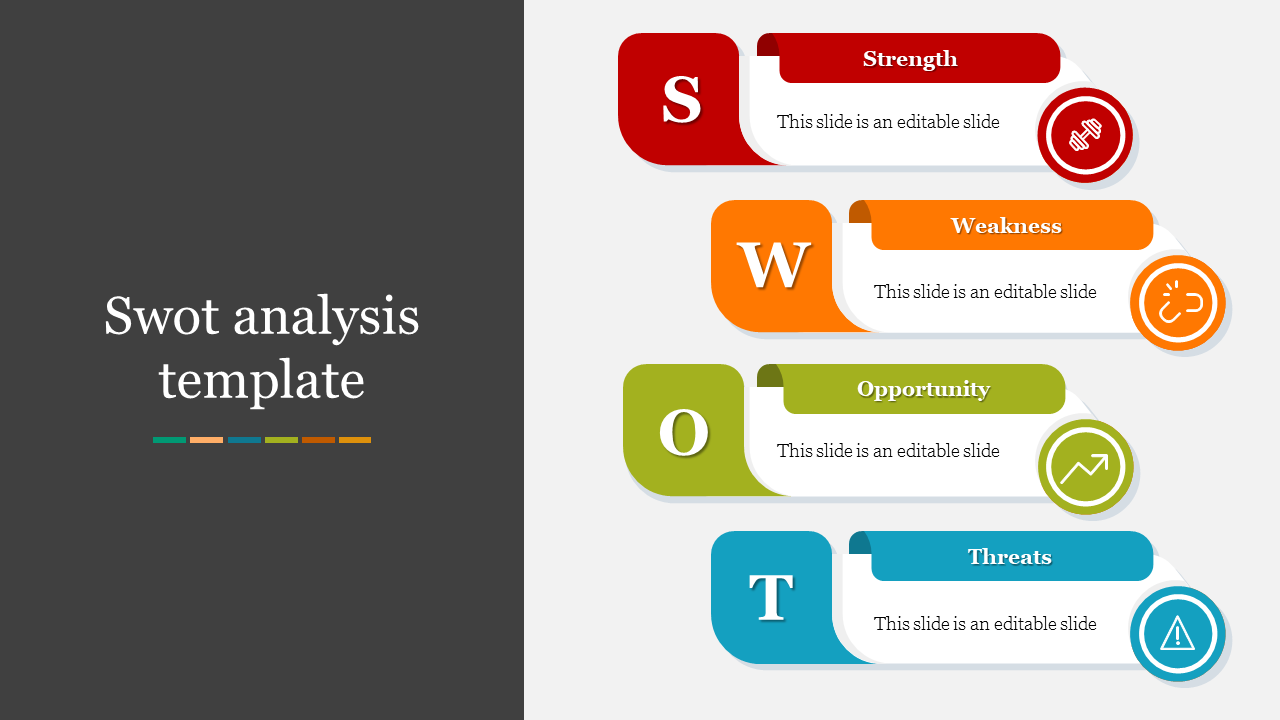 Colorful SWOT analysis PPT slide featuring four sections for Strength, Weakness, Opportunity, and Threats with icons.