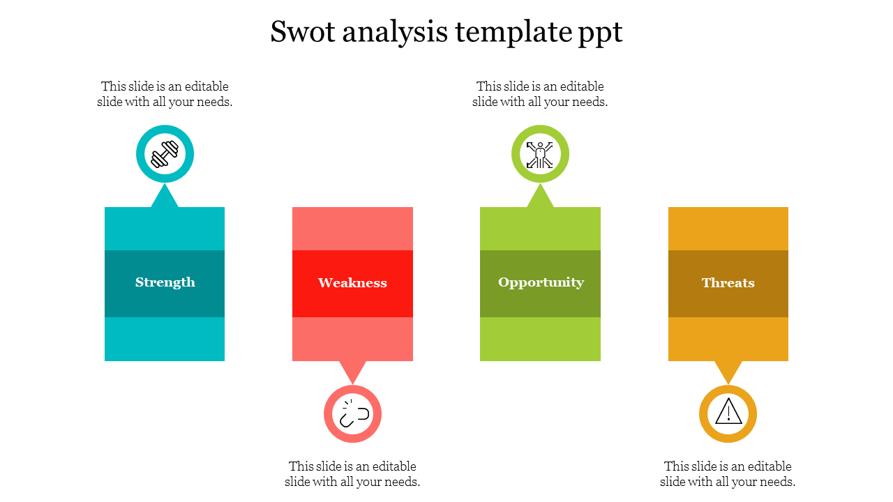 Colorful SWOT analysis template featuring four blocks in blue, red, green, and orange, each with icons and labels.
