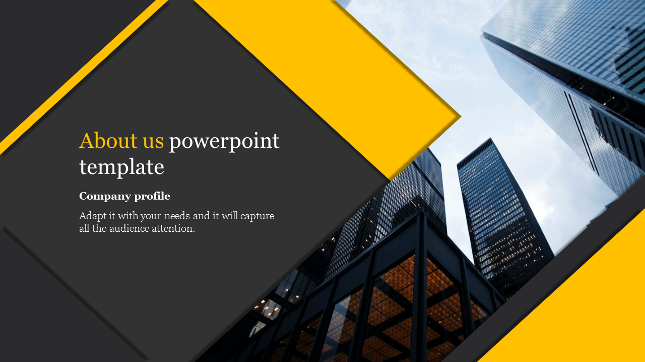 About Us PowerPoint template, with a company profile section and a background showing a city skyline of tall buildings.