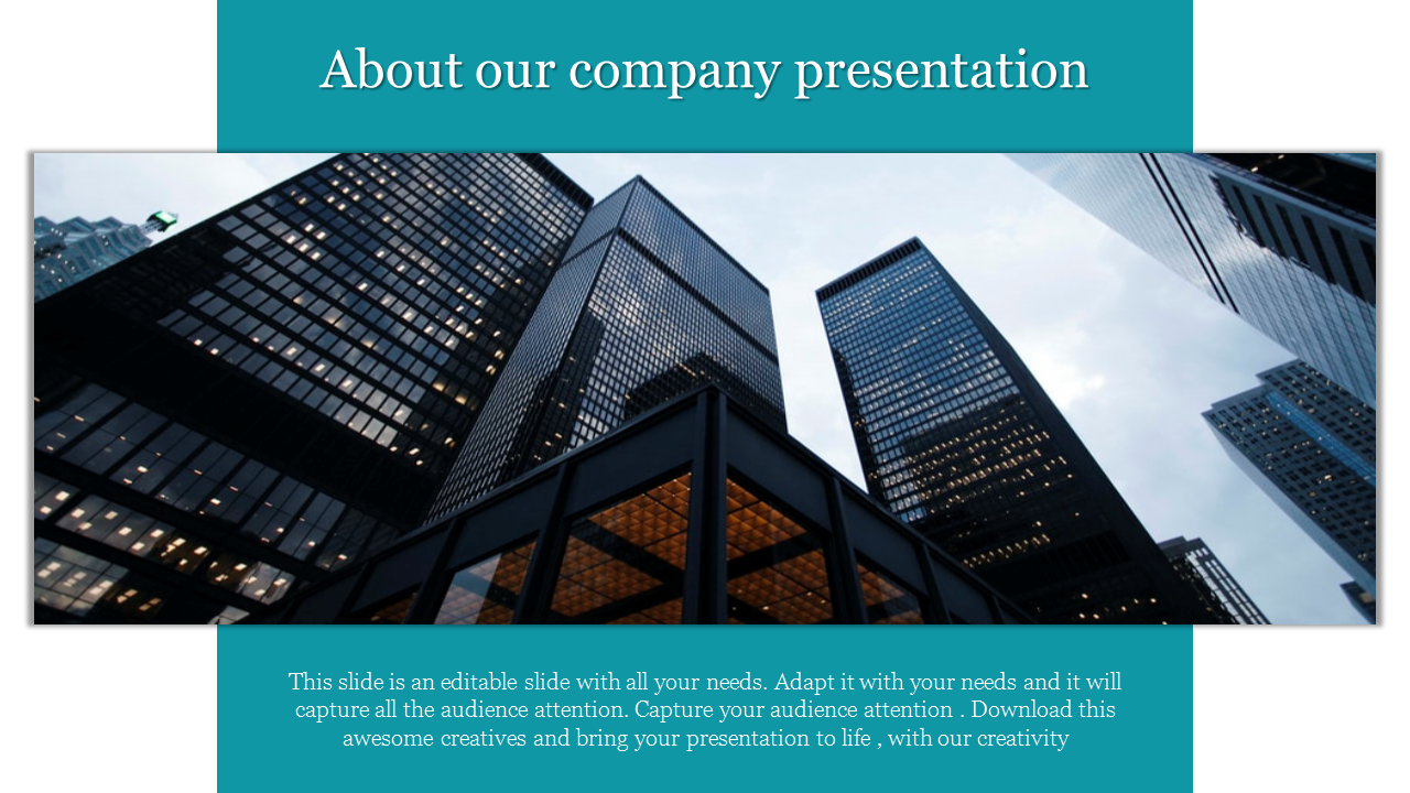 About Our company presentation, featuring a cityscape of office buildings with a teal background and company profile text.