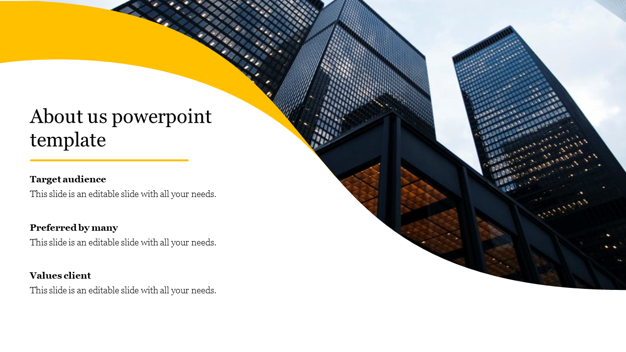 About us slide with a white and yellow curved design, featuring a modern skyscraper background, and structured text layout.