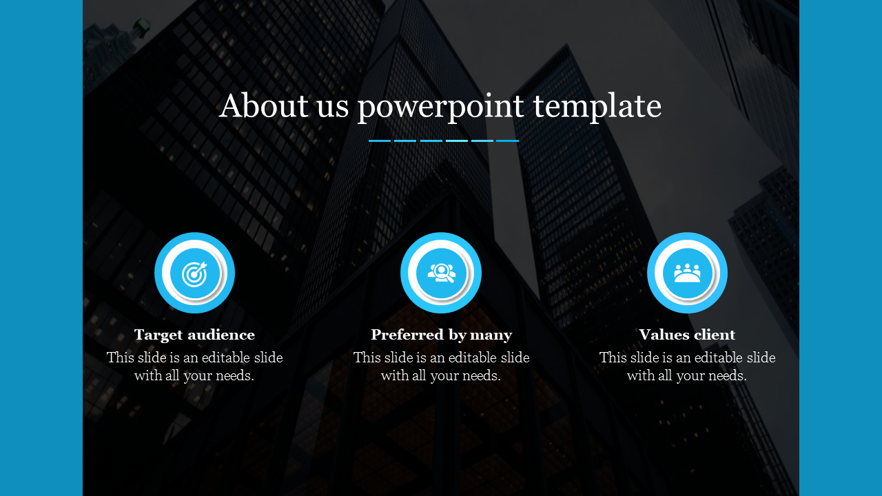 About us slide with a dark skyscraper background, featuring three blue icons with white text, in a modern, structured layout.