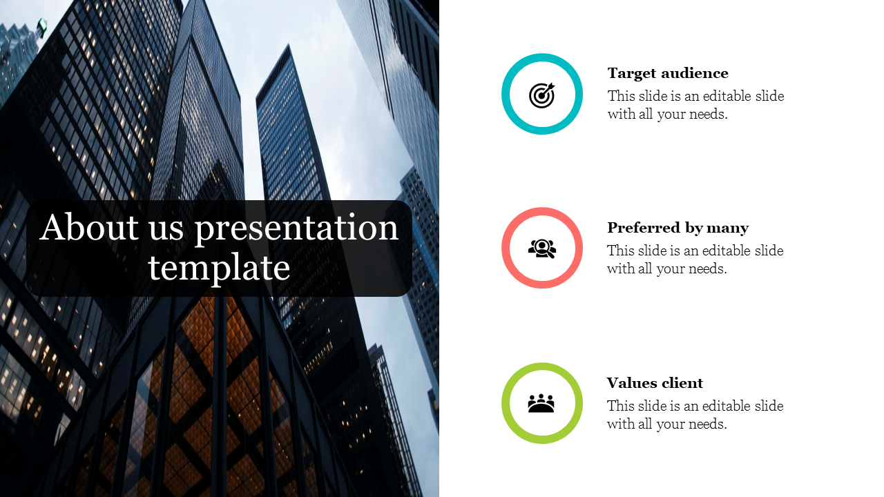 About Us company profile slide with a yellow text area on the left and a black and white cityscape on the right.