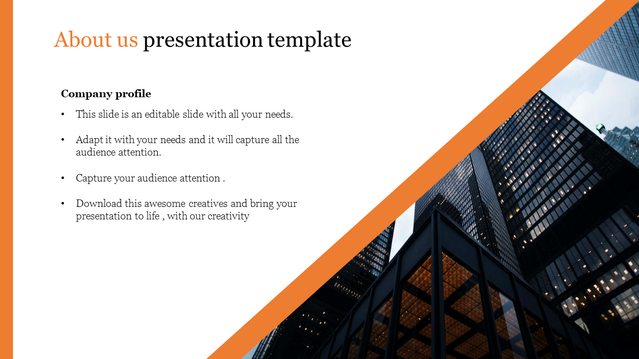 About us slide featuring a modern cityscape with orange design accents, and text on a white background.