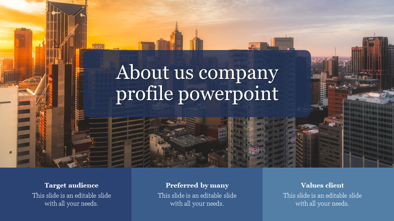 About Us design slide featuring a bold yellow content section overlaying a high-rise business district.