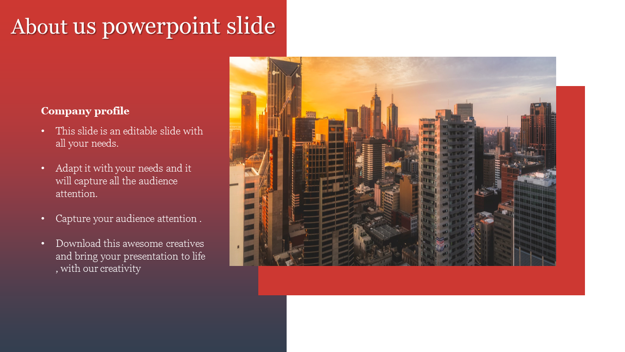 About us slide featuring a sunset cityscape with red design elements, and structured text on a gradient box.