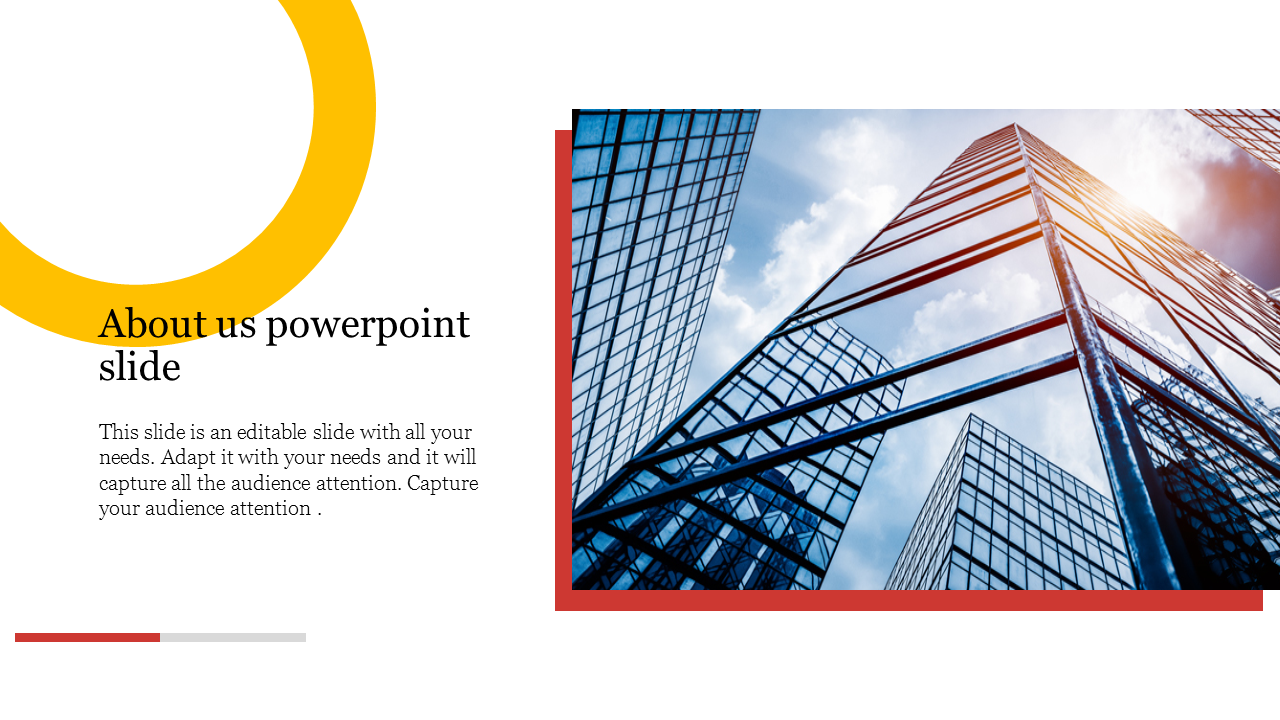 About Us, PowerPoint slide with a large building image, framed with yellow and red sections with placeholder text.
