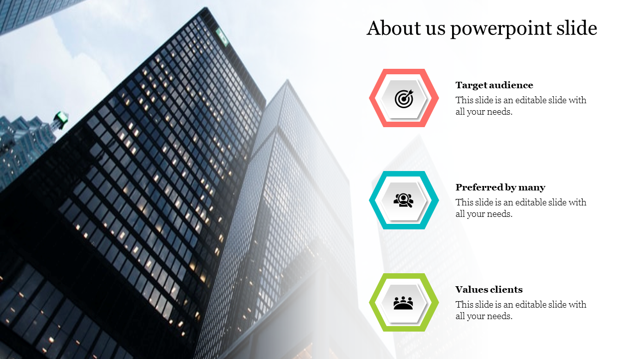 About Us slide with a modern layout, showcasing high-rise buildings on the left and three hexagonal icons on the right.