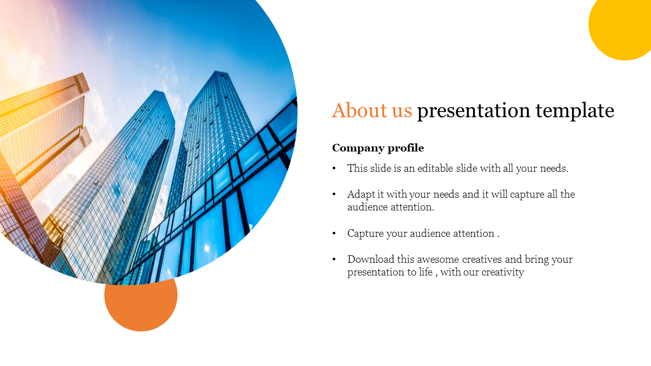 About Us PPT slide with modern city backdrop, featuring an orange and white color scheme for company profile details.