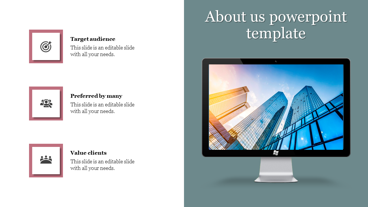  About us slide with three square icons on the left, and a monitor displaying skyscrapers, on a green background.