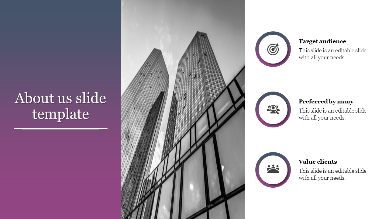 About us slide with a purple gradient sidebar, grayscale skyscraper image, and three circular icons with business values.