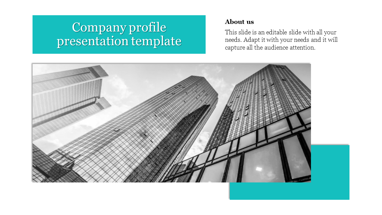 About Us company slide with a black and white skyscraper background, a cyan title section, and three circular icons labeled.