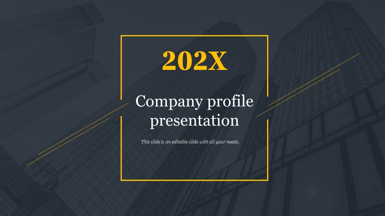 Dark themed company profile cover slide with bold yellow '202X' text, white typography, and a geometric yellow frame.
